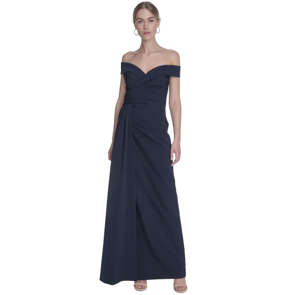 Eliza J Navy Portrait Off-the-Shoulder Drape Gown / Dress - Size 8 (B14)